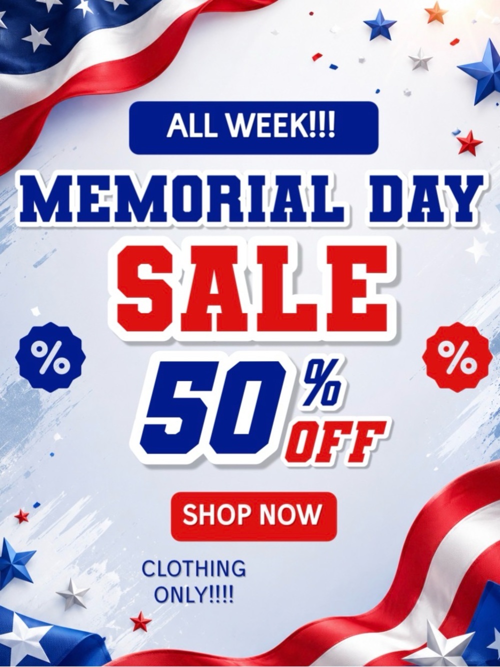 BUNDLE 2 OR MORE CLOTHING ITEMS, GET 50% OFF THUR MEMORIAL DAY❤️🤍💙🇺🇸🇺🇸🇺🇸